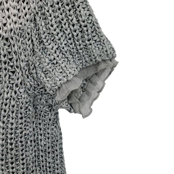 Chico's Cardigan Formal Silver Open Knit Short Sleeve Sheer Lettuce Ruffle 0 - Picture 5 of 16